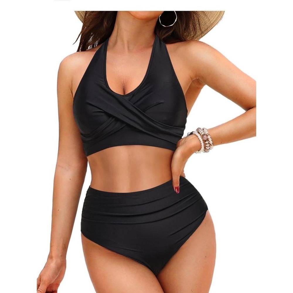 Talisea‎ Bikini Swimsuit Women Medium Black Good High Waisted Halter Wrap Top
